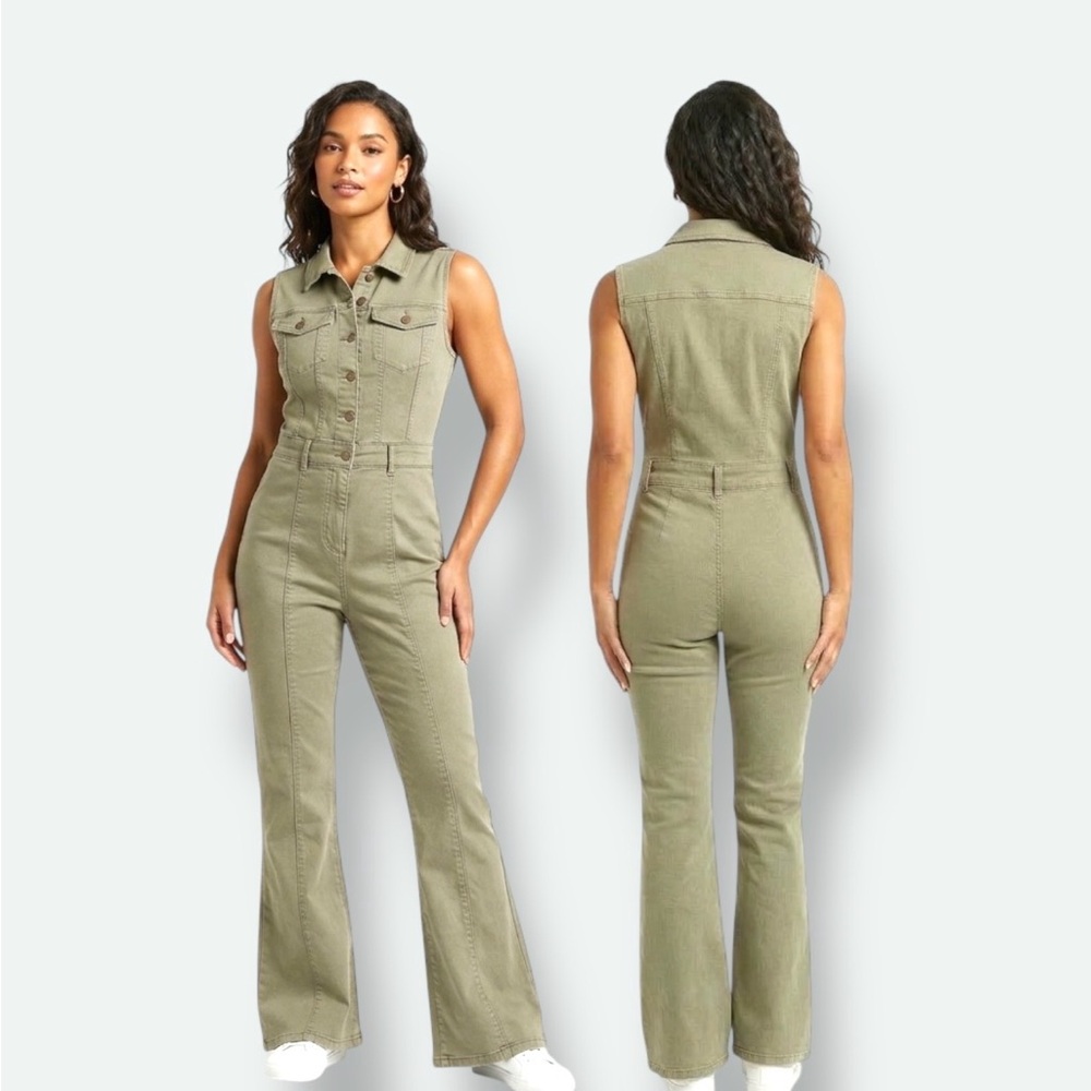 Sleeveless Utility Jumpsuit in Olive Green - Picture 1 of 6